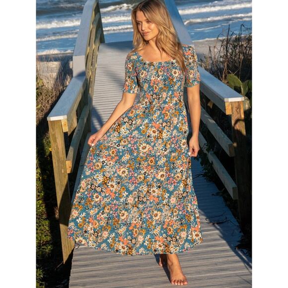 Natural Life Womens Blue Tan Floral Daisy Tiered Maxi Dress Medium - Picture 1 of 7